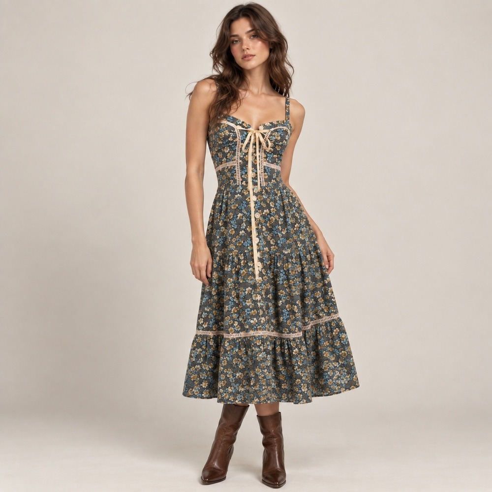 Young Edwardian Prairie Dress XS Blue Floral VTG 70s Lace Tiered Boho Cottage
